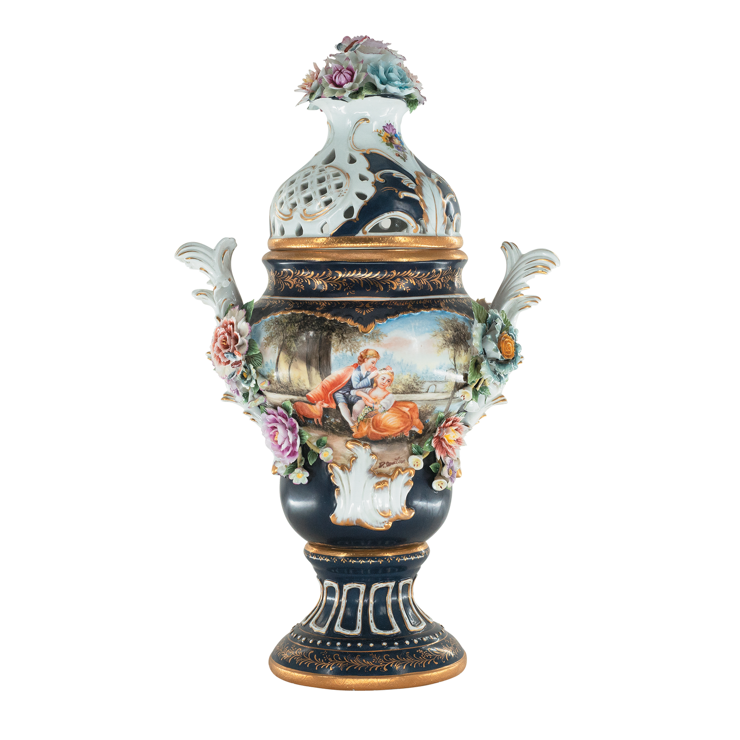 Hand-painted Potpourri Vase with Rococo Motif and Porcelain Flowers