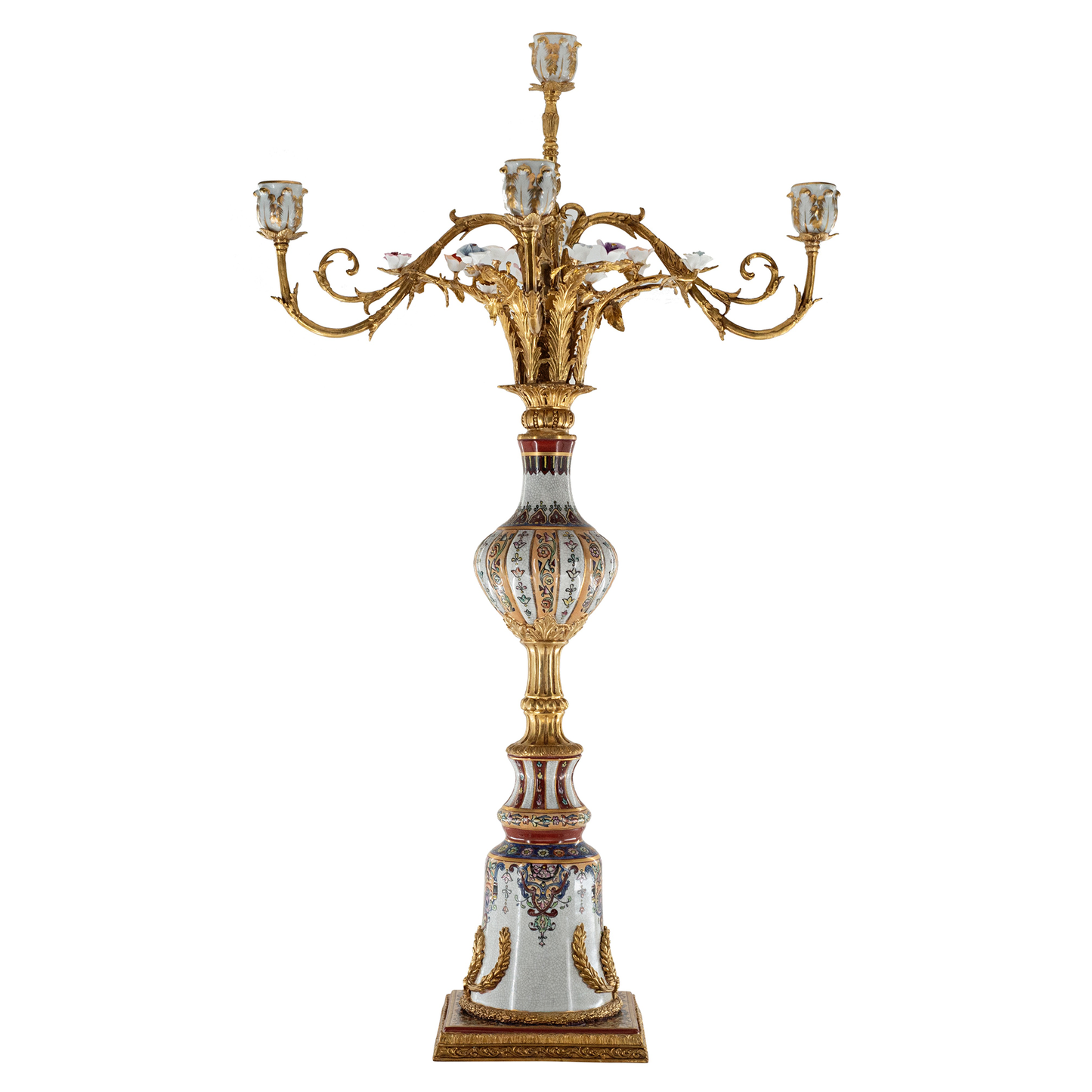Hand-Painted Bronze & Porcelain Five Cup Candelabra