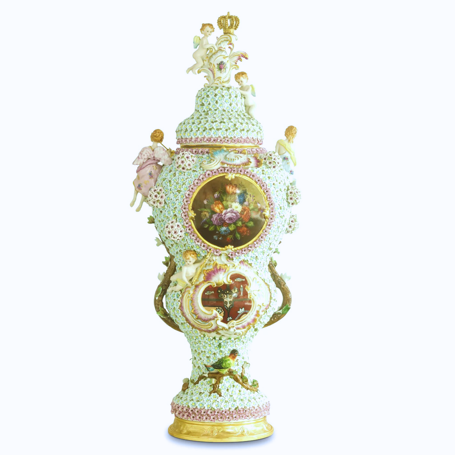 Hand-Painted Porcelain Baroque Flower Three Dimensional Cherub French Style Urn