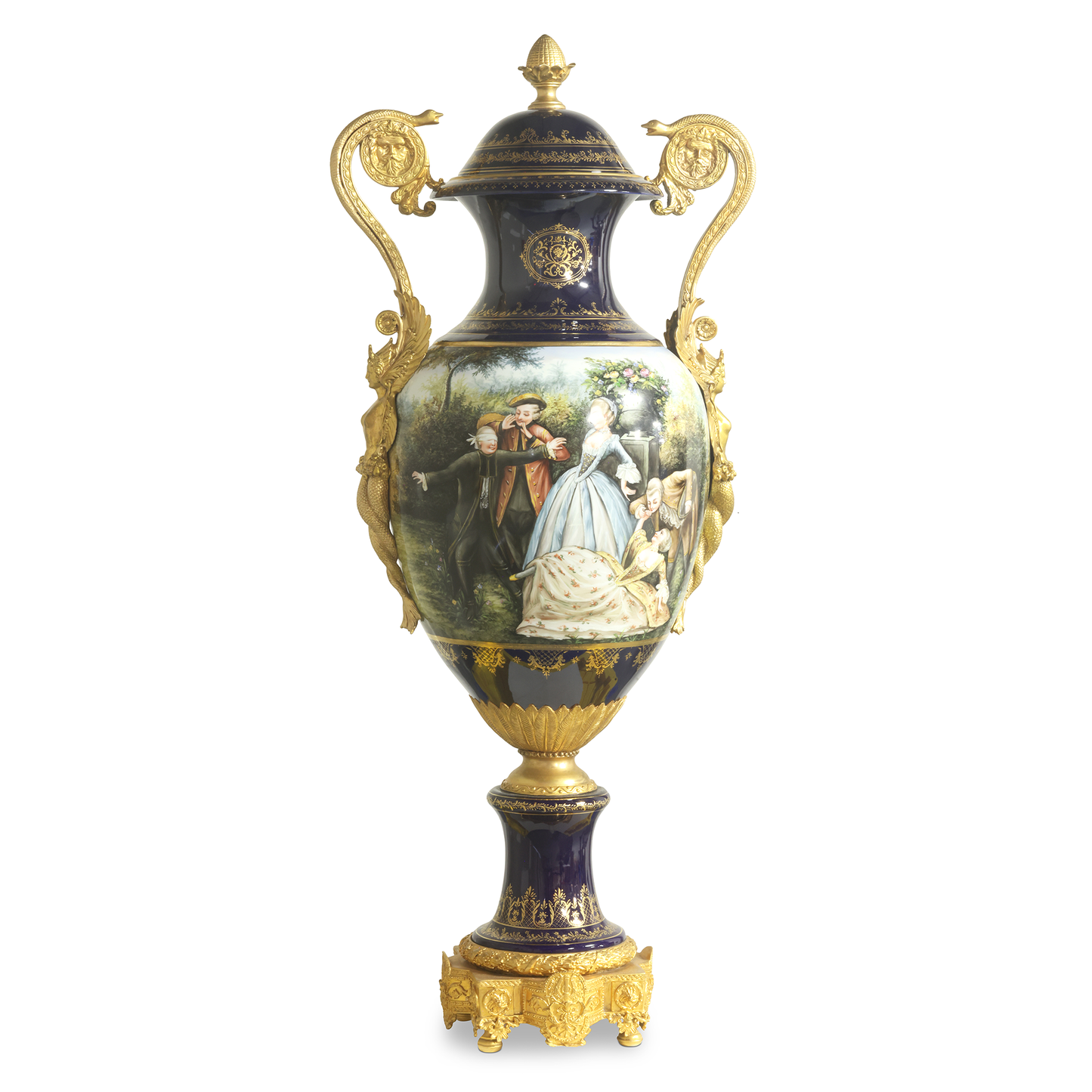 Hand-Painted Porcelain Lady Bronze Handle Vase With Lid