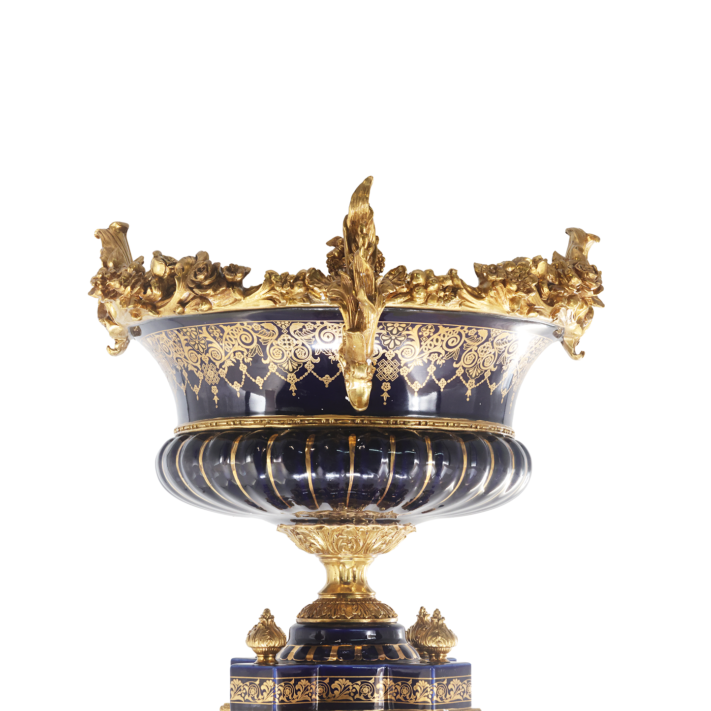 Ornate Bronze and Porcelain Hand-painted Decorative Bowl & Pedestal