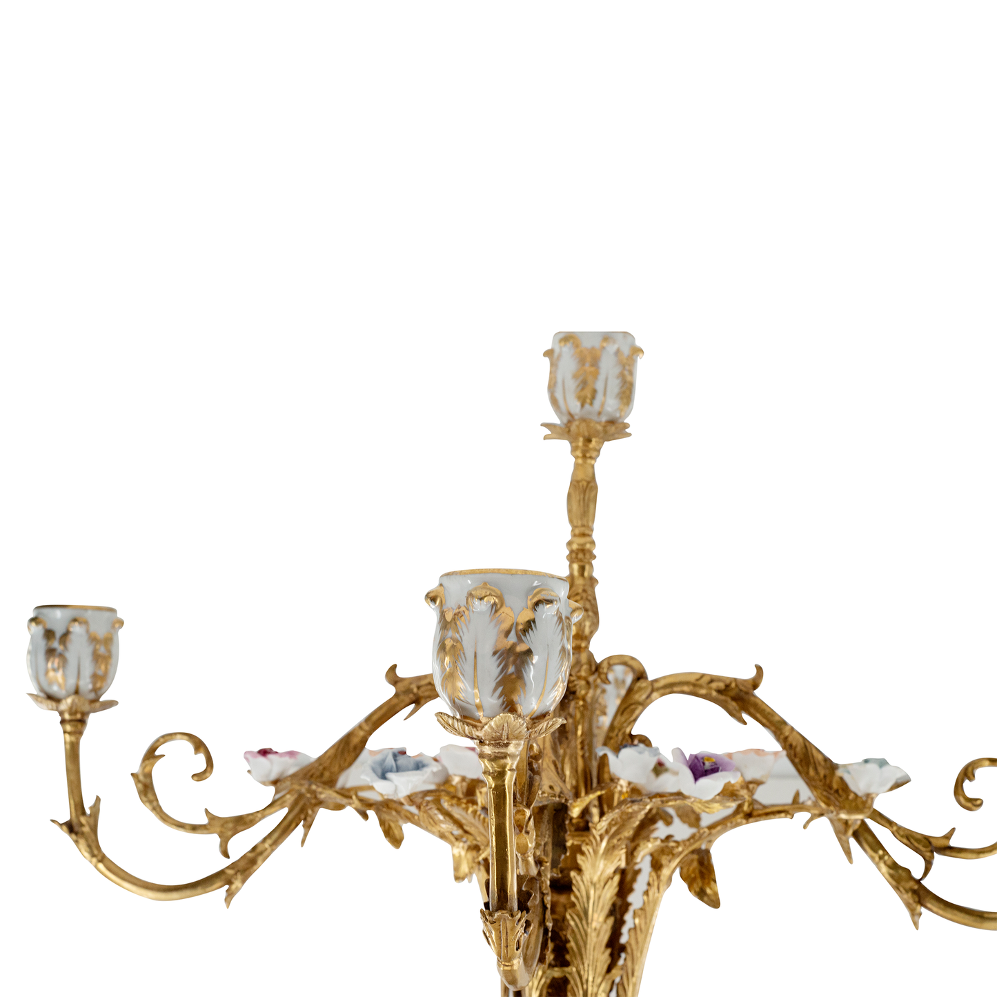 Hand-Painted Bronze & Porcelain Five Cup Candelabra