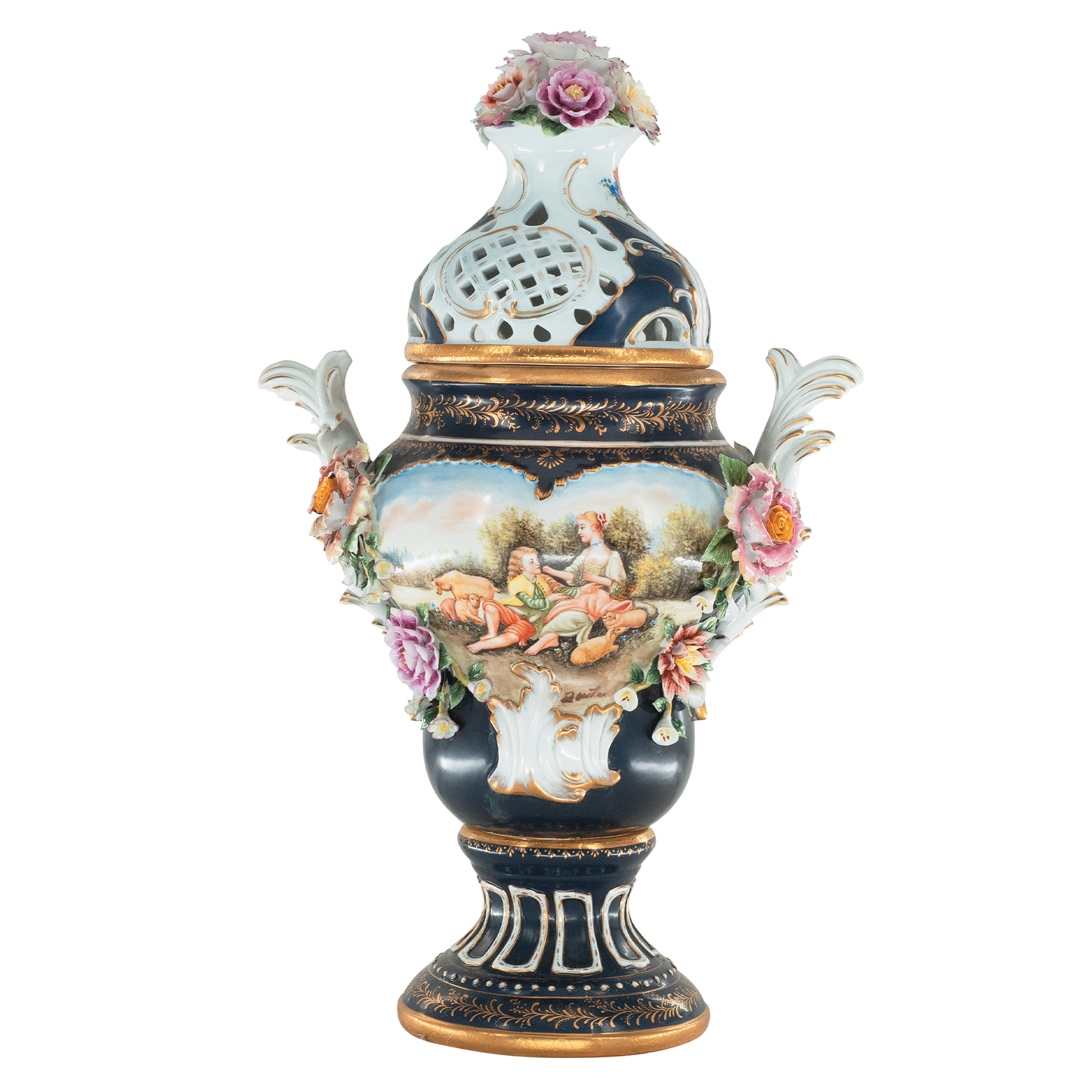 Hand-painted Potpourri Vase with Rococo Motif and Porcelain Flowers