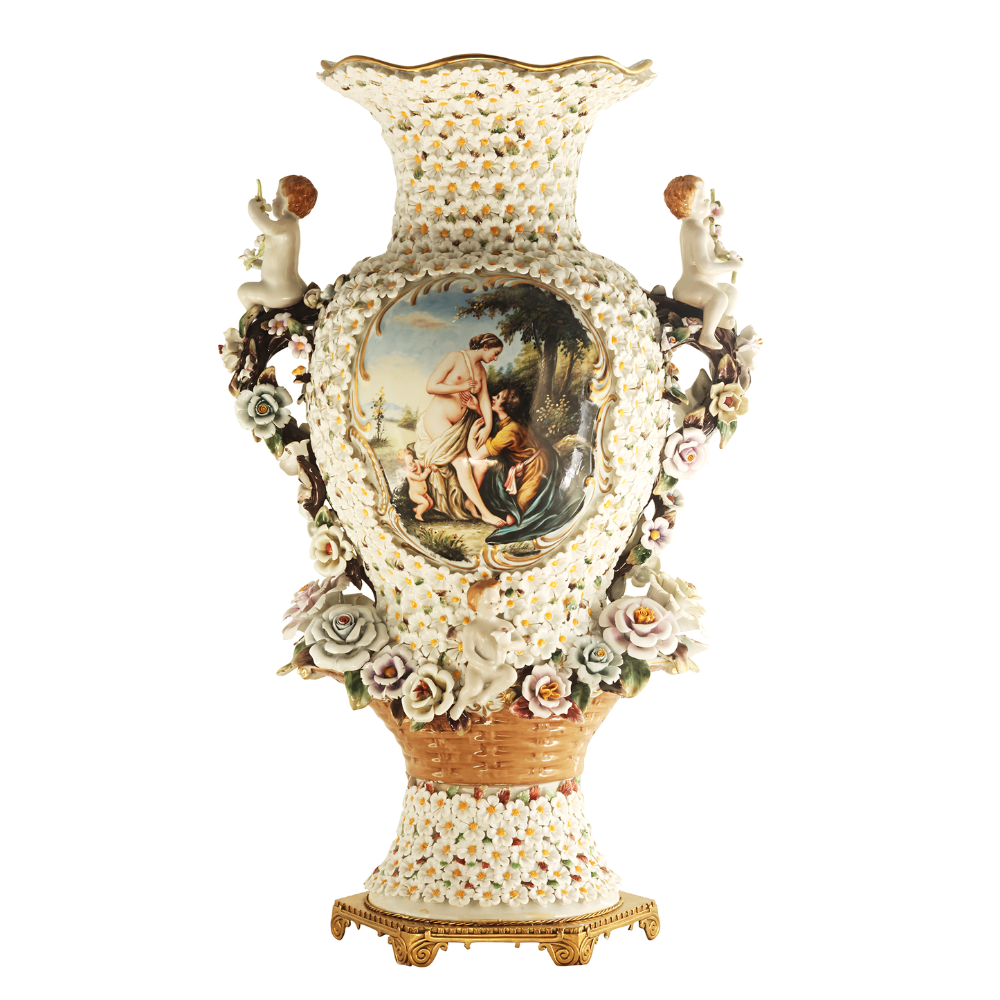 Porcelain Flower Hand-painted Three Dimensional Cherub Vase