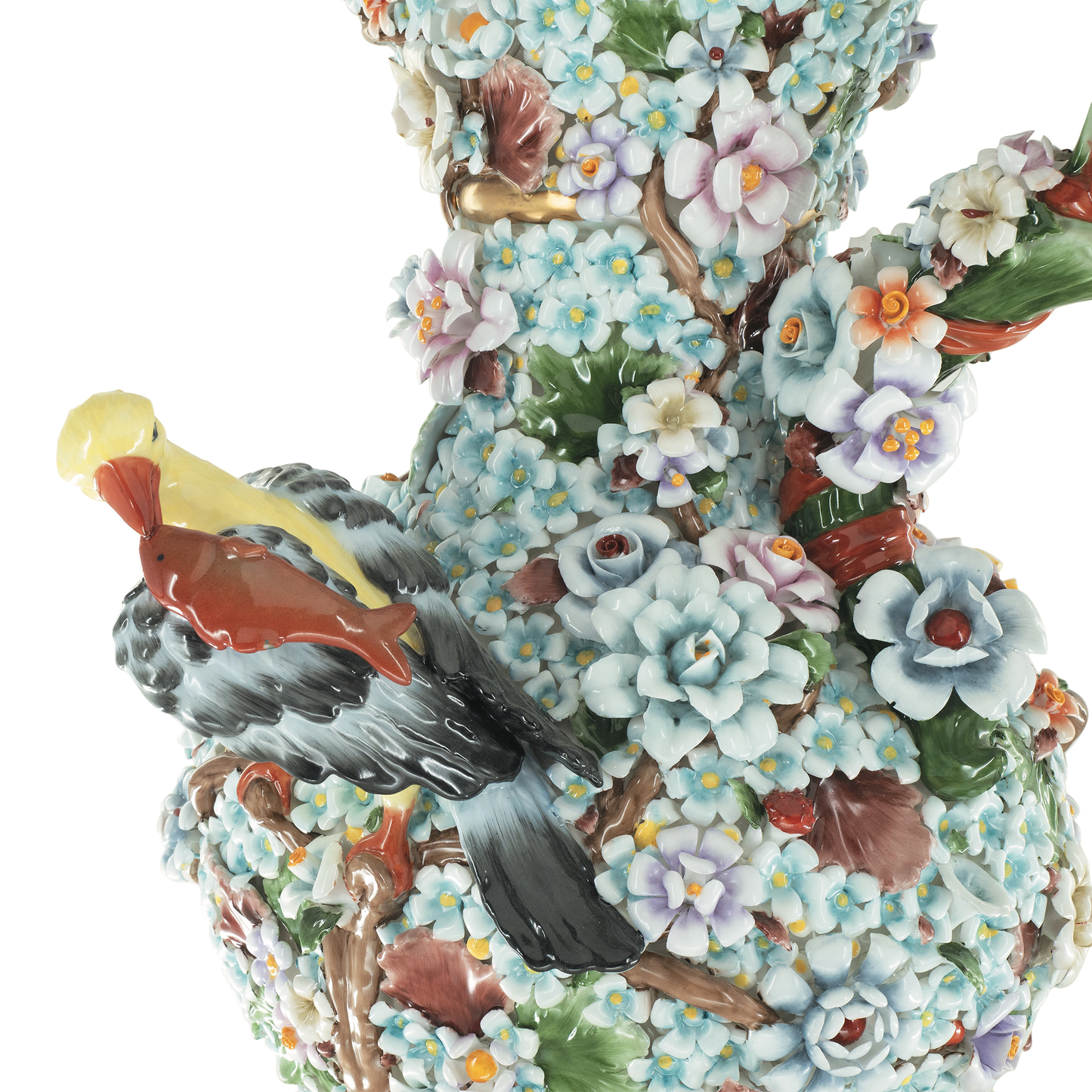Porcelain Hand-painted Flower Three Dimensional Pitcher Vase with Birds