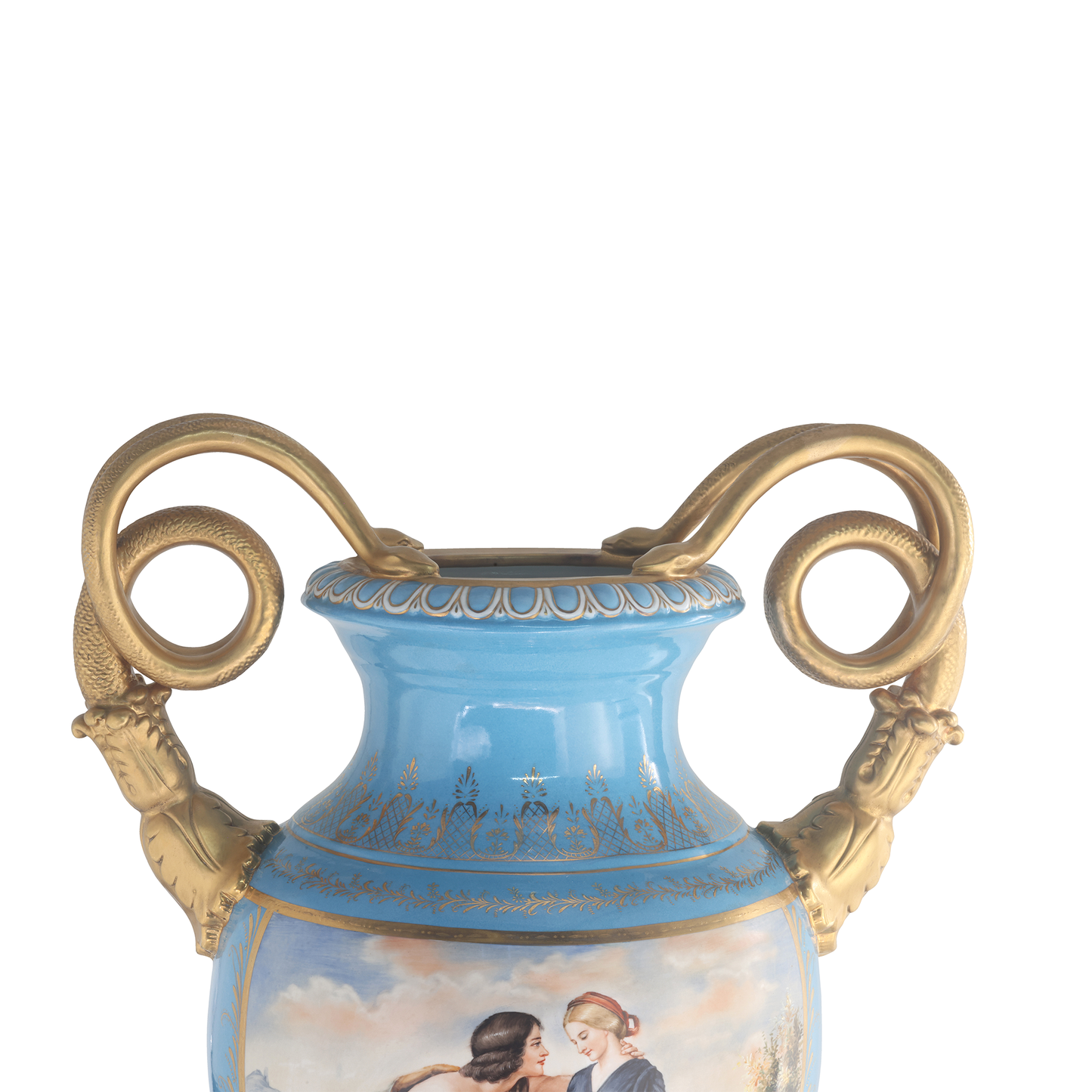 Rococo Style Vase with Hand-painted Motif & Snake Handles