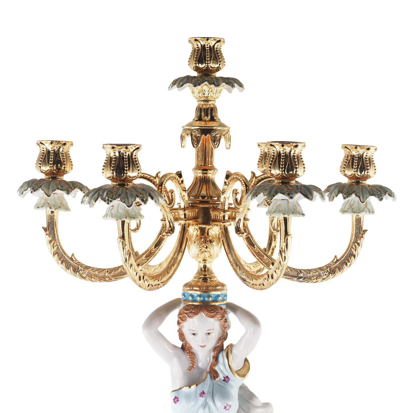 Portavelas de bronce con siete tazas y dama de porcelana