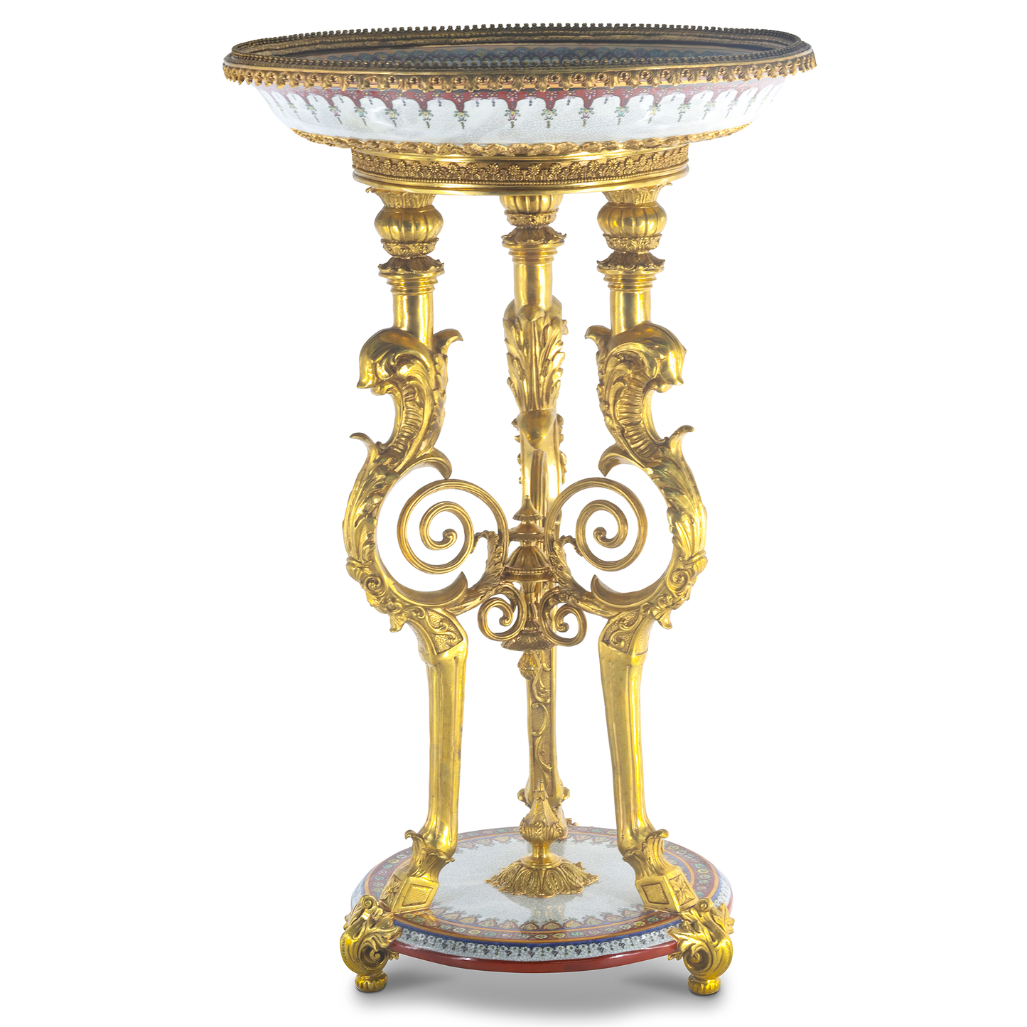 Rococo Bronze & Porcelain Hand-painted Pedestal With Floral Motif